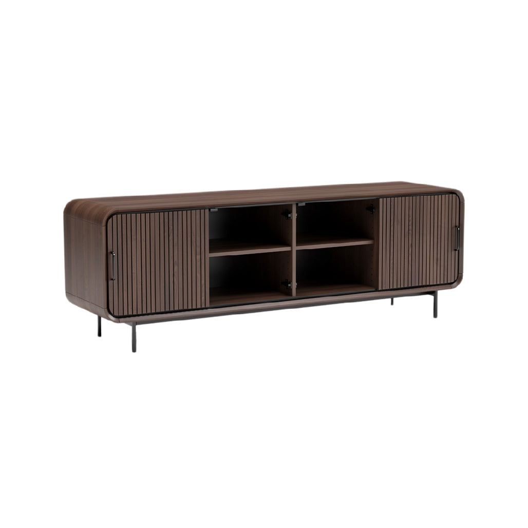 Modern Wooden TV Stand with Sliding Doors and Open Shelves